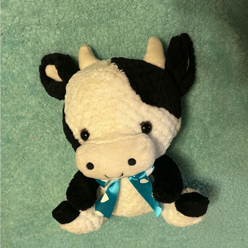Source Unknown Black and White Stuffed Cow with Blue Bow